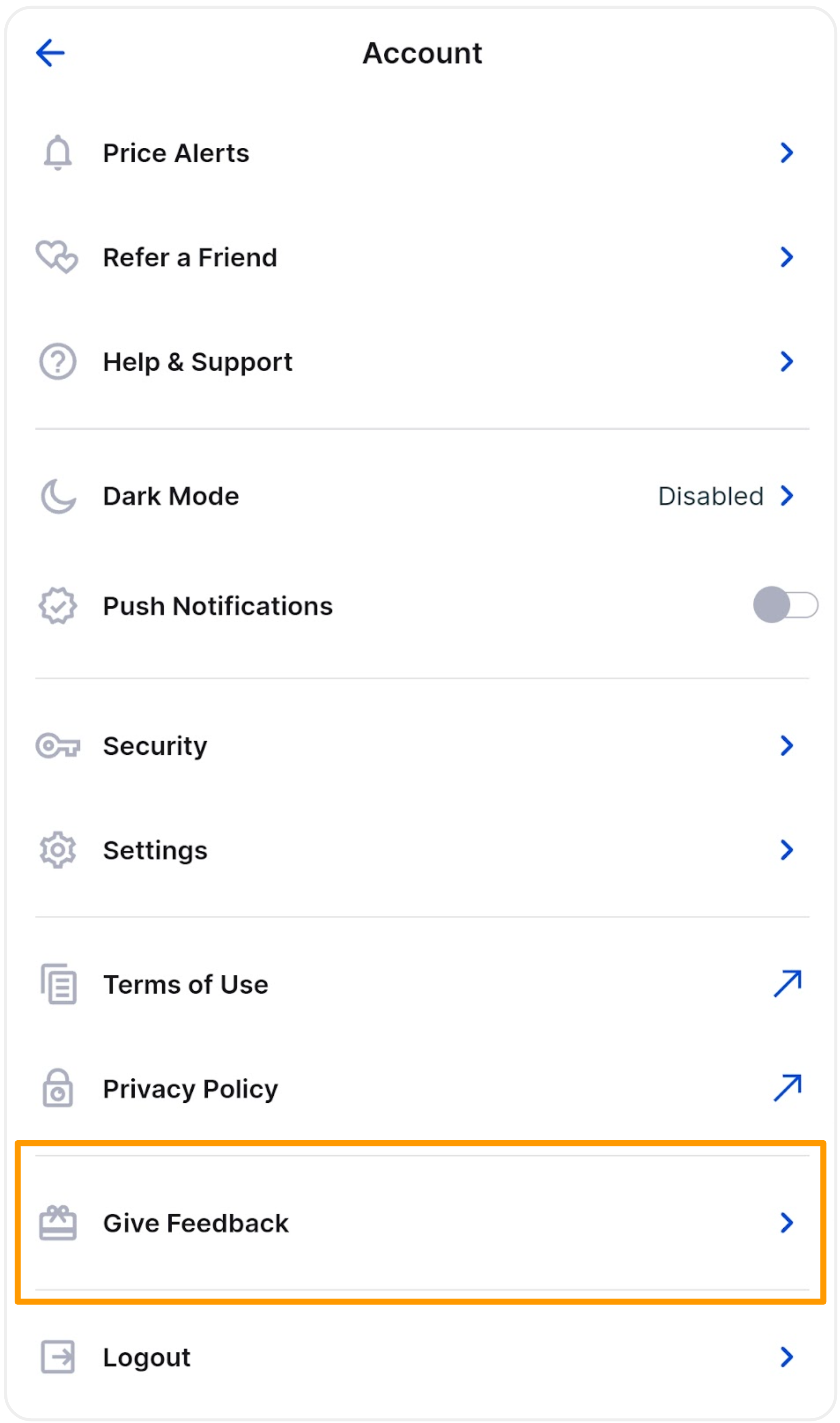 CoinSpot App - Account Menu Give Feedback.png
