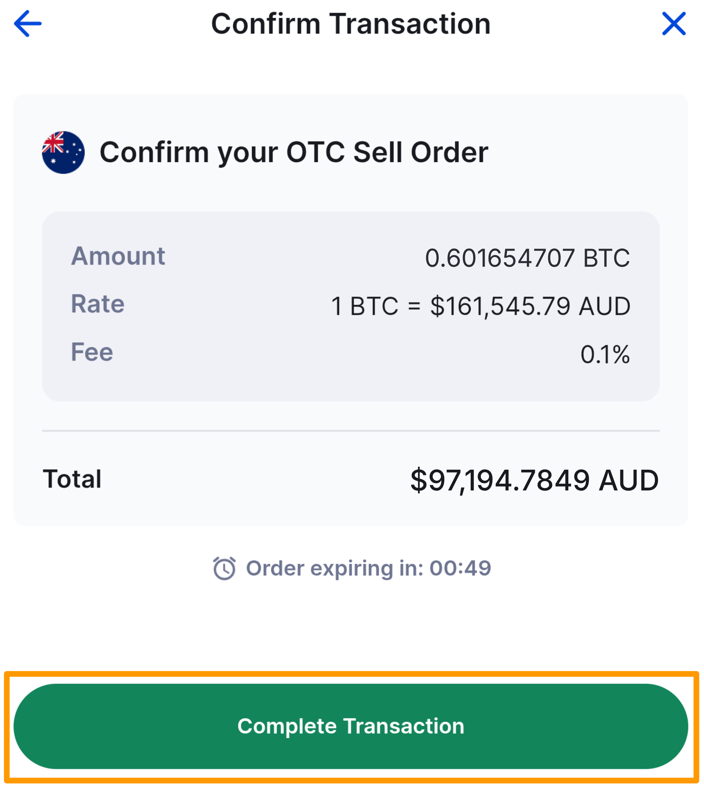 CoinSpot App - OTC - OTC Sell Confirmation Page.png
