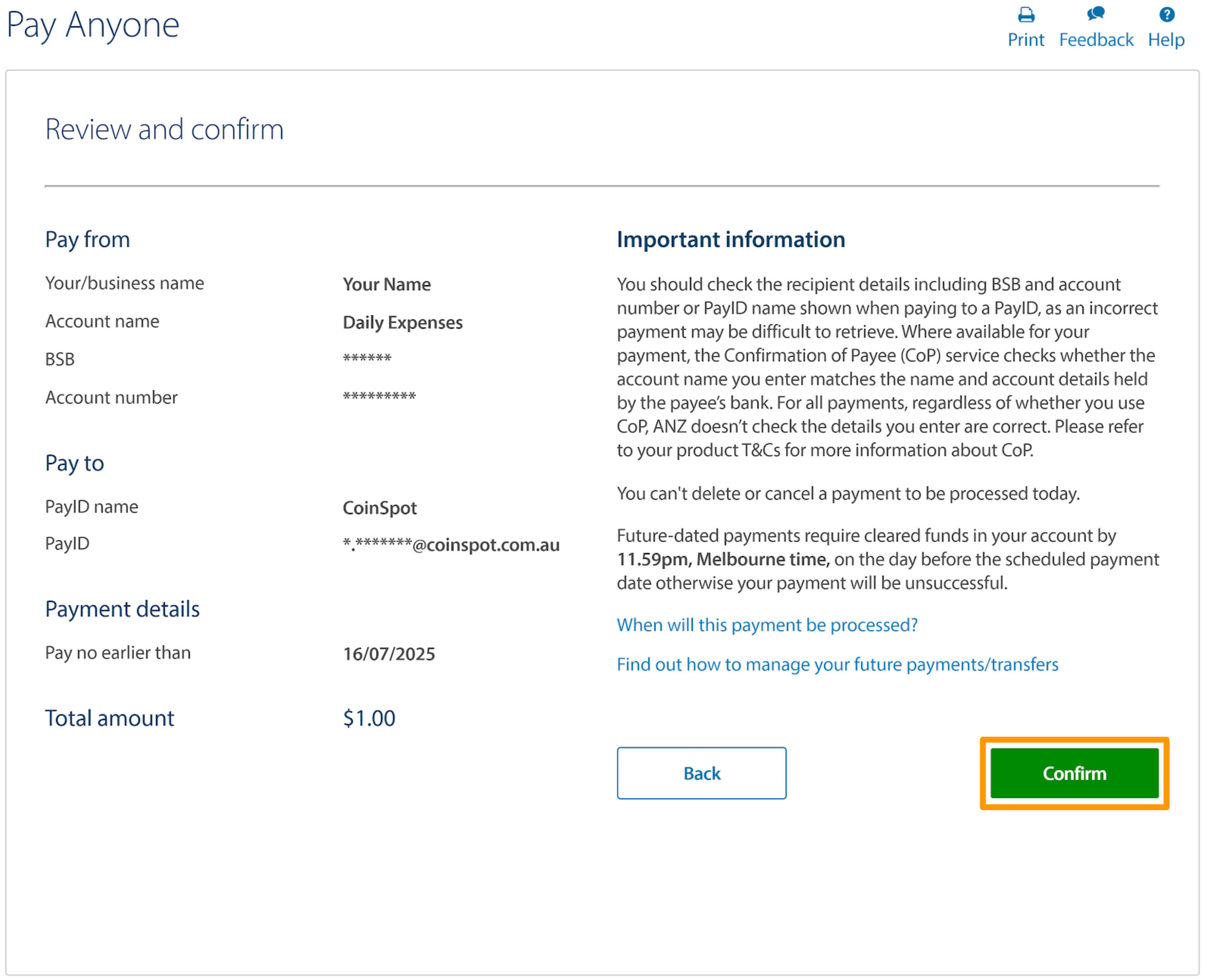 CoinSpot - ANZ PayID - Confirmation Page.png