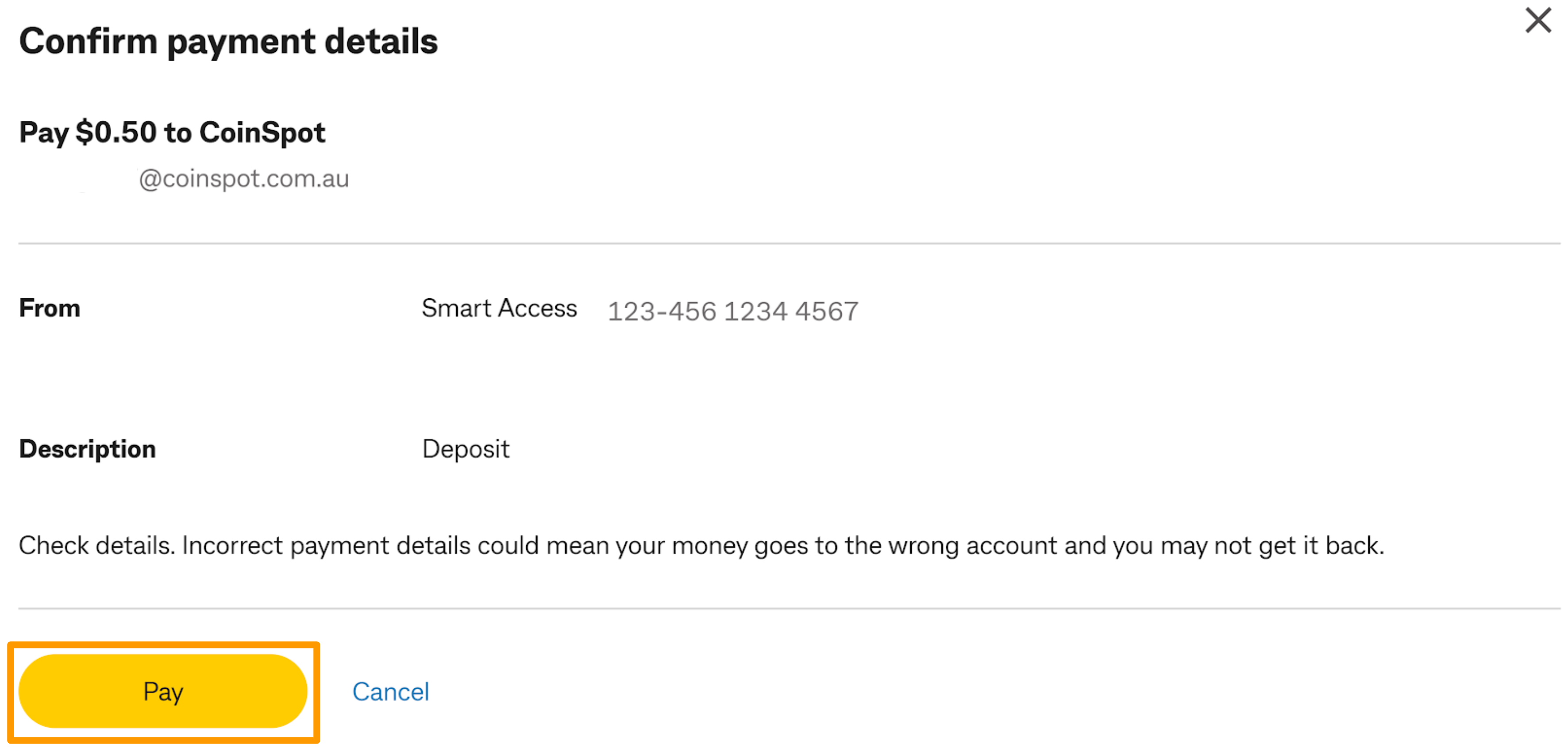 CBA PayID - CoinSpot - Confirmation Page.png