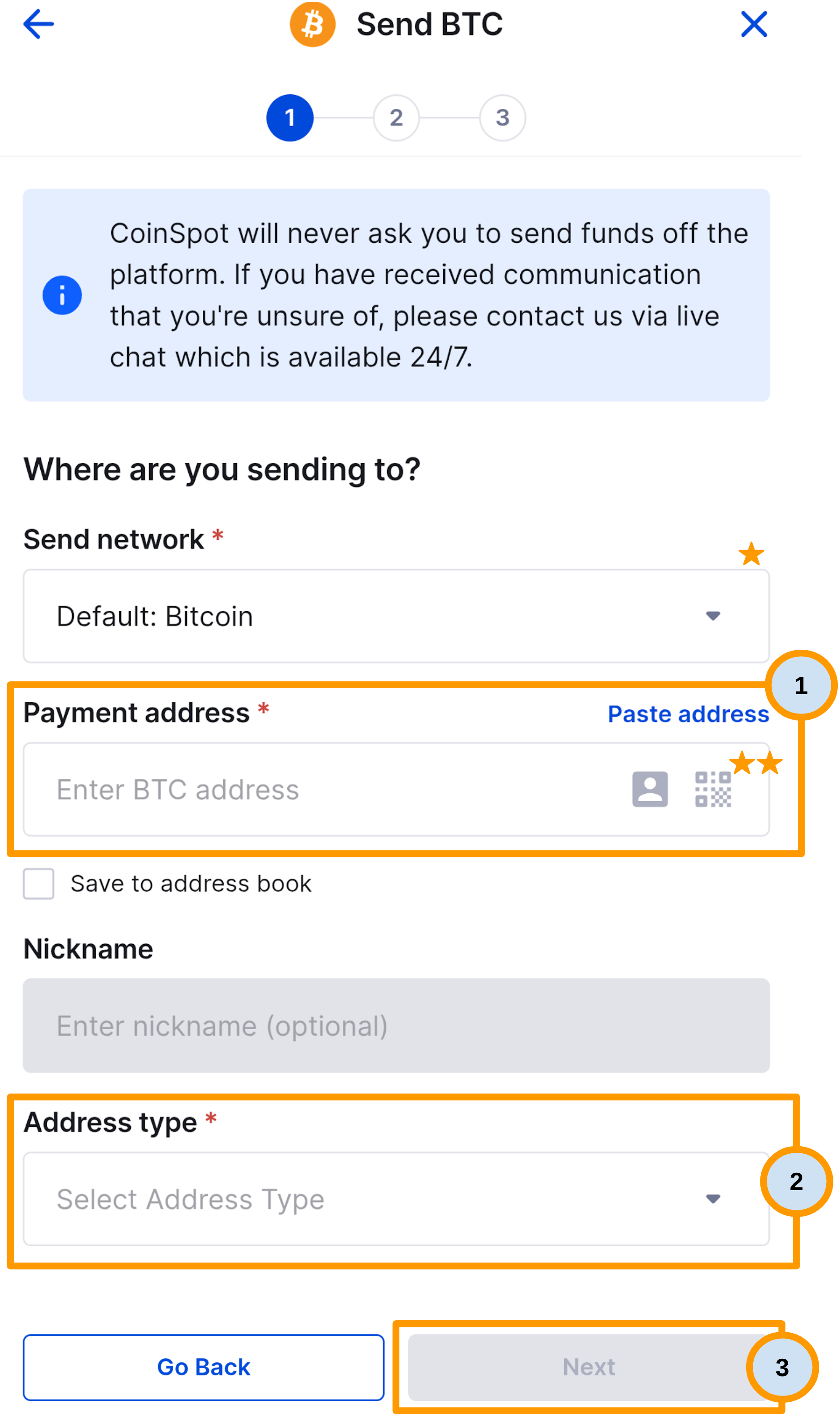 CoinSpot Mobile App - Bitcoin (BTC) Sending Wallets Page.png