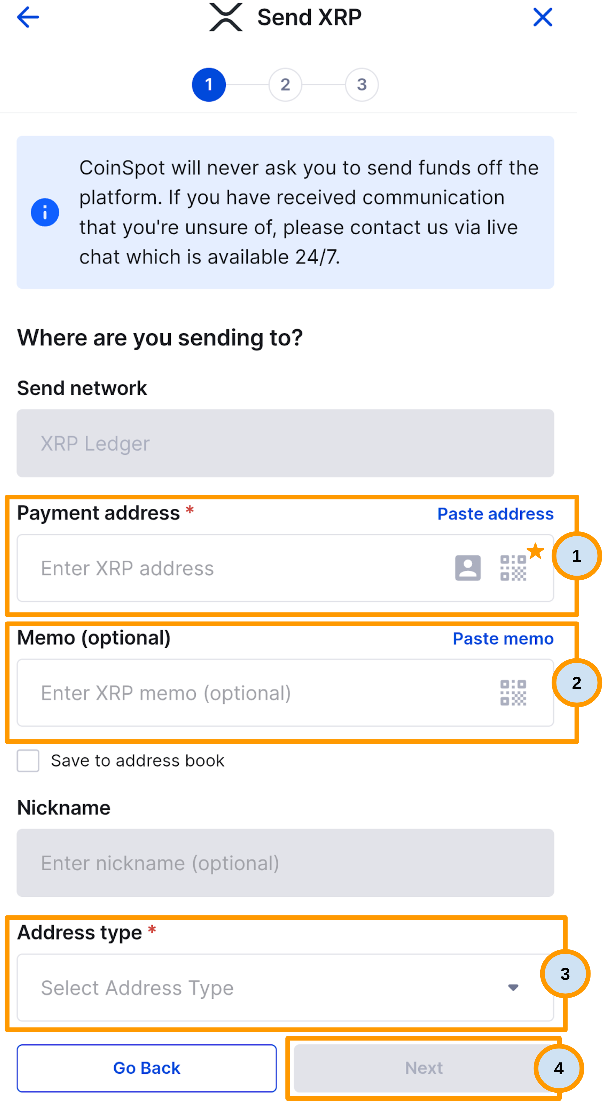 CoinSpot Mobile App - Ripple (XRP) Sending Wallets Page.png