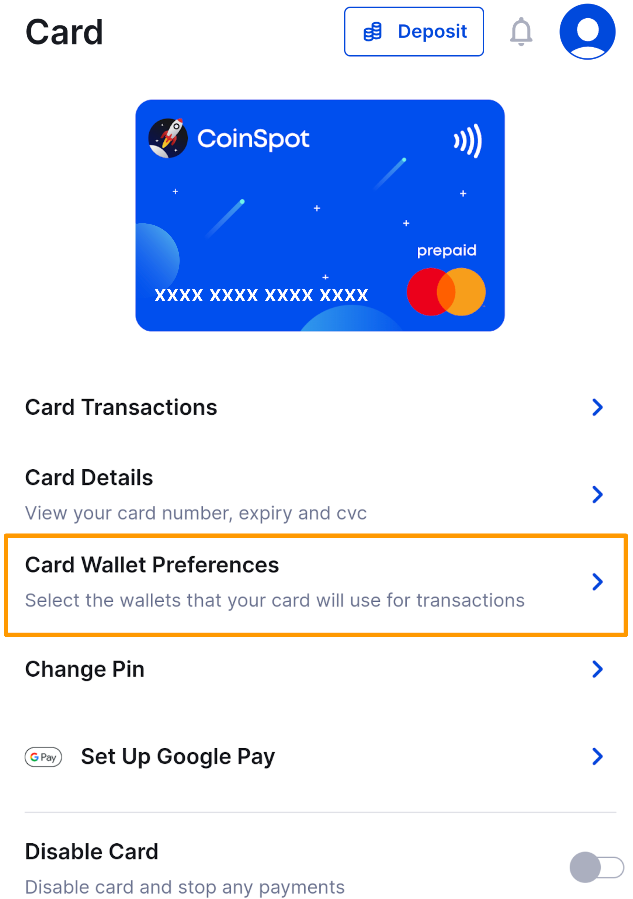 CoinSpot Mastercard - Setting Card Wallet preference - Figure 2.png