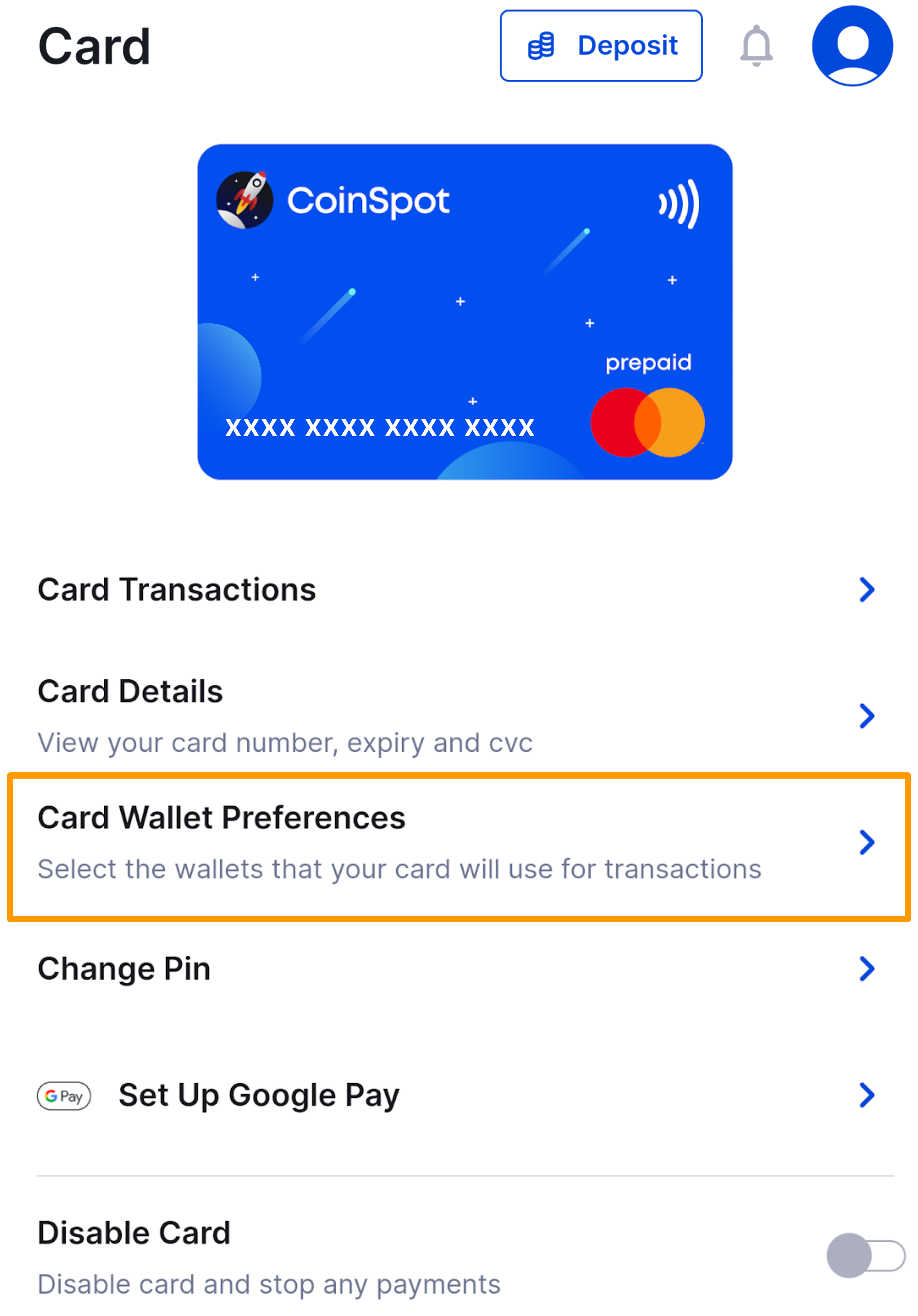 CoinSpot Mastercard - Setting Card Wallet preference - Figure 5.png