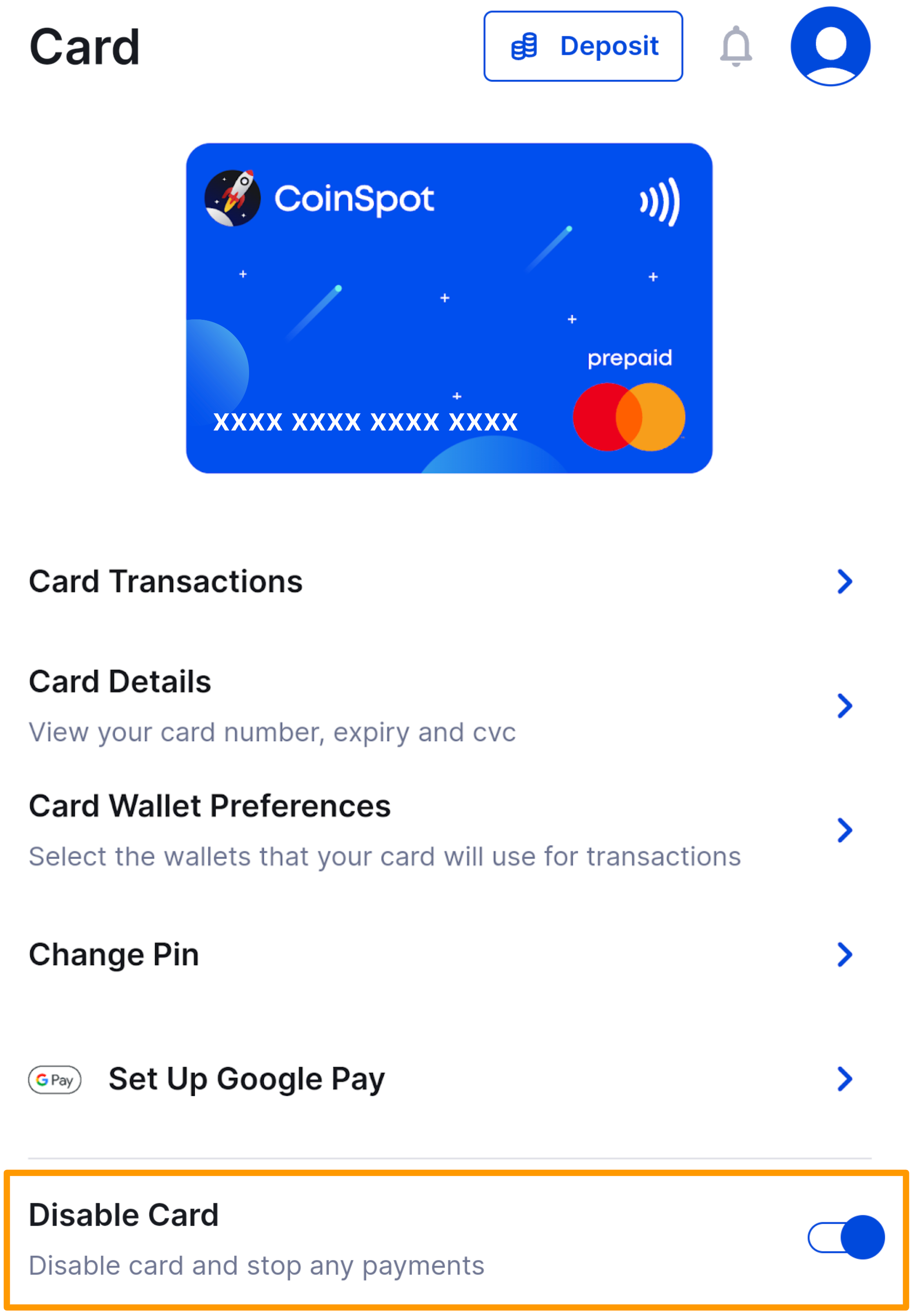 CoinSpot Mastercard - How do I Disable & Re-enable my card - Figure 5.png
