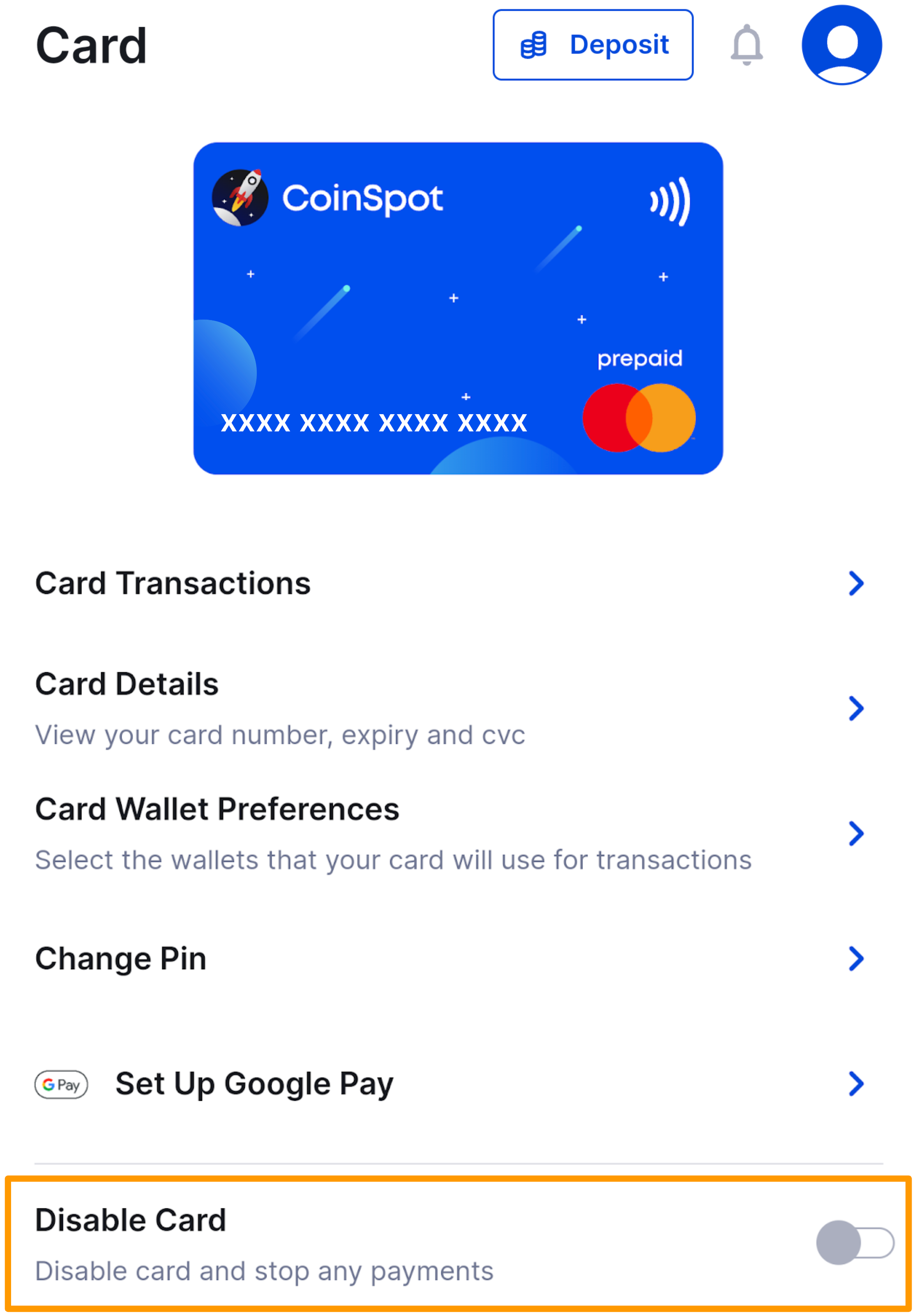 CoinSpot Mastercard - How do I Disable & Re-enable my card - Figure 2.png